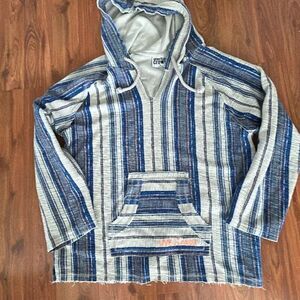 NWOT American Crown blue and grey striped Baja long sleeve hoodie top extra larg